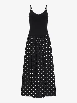 Express Polka Dot Mixed Media V-Neck Drop Waist Midi Dress like new thumbnail 2