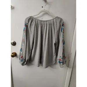 Karlie Embroidered Sleeve V-Neck Peasant Blouse Balloon Sleeve Top M Boho Retro thumbnail 2