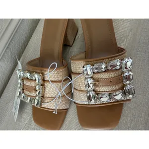 A New Day Kathleen Beige Raffia Crystal Buckle Block Heel Slide Sandals Size 10 thumbnail 4