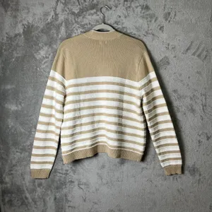 J.Crew Striped Cardigan LG Gold Button Pockets Nautical Khaki Ivory Texture‎ New thumbnail 3