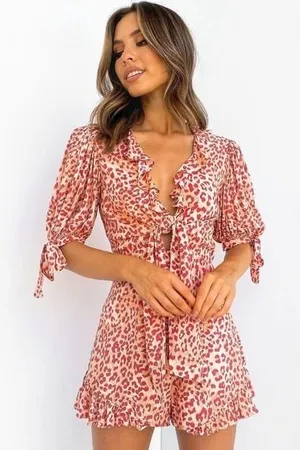 Petal & Pup Pink Quay Leopard Romper Tie Front Cutout Size 6 Boho Fairy Coquette thumbnail 1