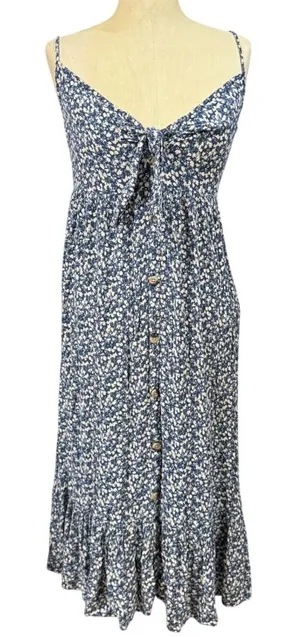 Arizona Jean Co L Blue Floral Tie Front Button Down Ruffle‎ Midi Dress Cottage thumbnail 1