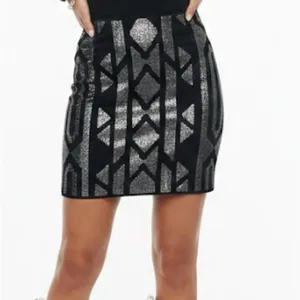 NEW Sequin Mini Skirt SMALL Black Silver concerts Aztec Tribal Print Y2K stretch thumbnail 3