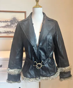 Faux Leather Jacket Fur Trim Y2K Gothic Belted Black Coat Large witchy thumbnail 1