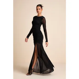 Lulus Vibrant Poise Black Mesh Ruched Maxi Dress Formal Evening Medium NWT thumbnail 2
