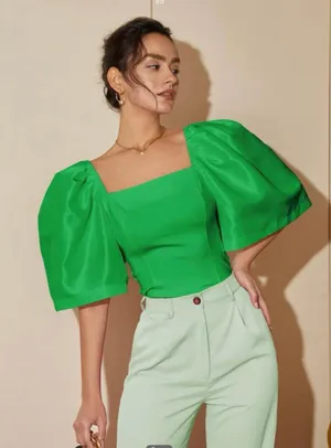Puffy Sleeve Top Silk Green thumbnail 1