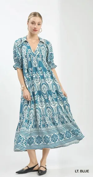 Umgee‎ Two tone Border Print Midi Dress - Lt. Blue - Small thumbnail 1
