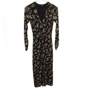 AFRM Tezza‎ Black and Gold Floral Mesh Long Sleeve Ruched Midi Dress size Small thumbnail 2