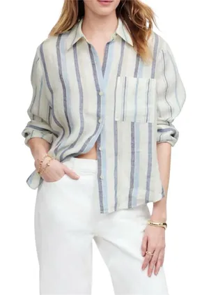 Madewell Linen Easy Y-Neck Button Up Shirt in Blue Mixed Stripe Women’s Small thumbnail 1