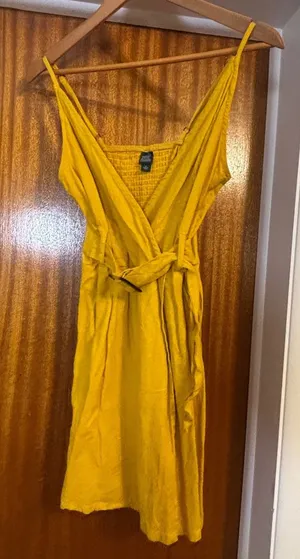 Wild Fable Mustard Yellow Linen Blend Smocked‎ Back Belted Mini Dress Womens M thumbnail 1
