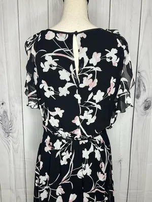 White House | Black Market Sz 8 Chiffon Black Garden Floral Elastic Waist Midi Dress Keyhole Neckline thumbnail 9