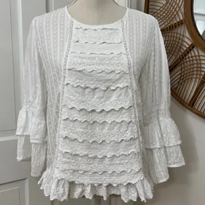 Jennifer & Grace Eyelet Ruffle‎ Blouse M Boho Pirate Victorian Peasant Bride thumbnail 1