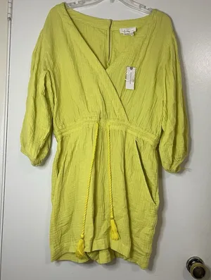 NEW! Anthropologie Yellow gauze cotton drawstring romper size medium $128 thumbnail 1