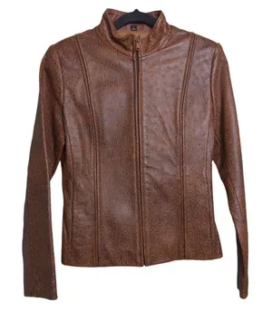 London Underground Moto Jacket Brown Animal Print Ostrich Leather Mandarin S thumbnail 1