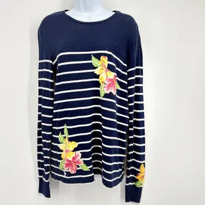 Polo Ralph Lauren Tee Women SM Navy White Stripe‎ Hibiscus Long Sleeve Nautical thumbnail 2