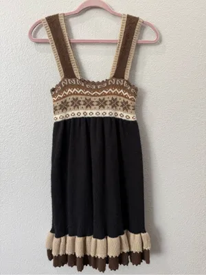 Carolina K XS Alpaca Merino Wool Fair Isle Babydoll Mini Dress Boho Cottagecore thumbnail 2