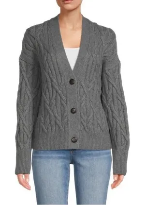 Vince Interlocking Cable Wool Cashmere Blend Cardigan in Gray thumbnail 1