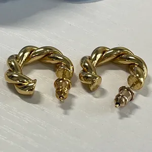 Gold tone Twisted Croissant‎ Hoop Earrings Textured C-Shape Post Backs 0.75 Inch thumbnail 4