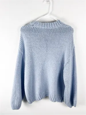 BAEVELY Blue Chunky Knit Cowgirl Boots Graphic Drop Shoulder Sweater Size Medium thumbnail 2