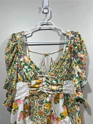 For Love & Lemons Rosalyn Yellow and Green Floral Lace-Trim Mini Dress Large thumbnail 3