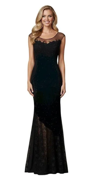 Jovani Sheer Illusion Lace Evening Gown Black Beaded Maxi 8 Formal Prom Black Tie thumbnail 1