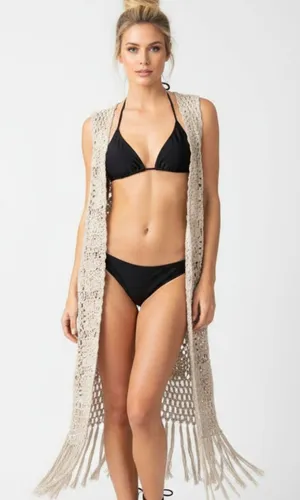 Rebellion Tan Sheer Crochet Fringe Open Front Cardigan Sweater NEW L thumbnail 1
