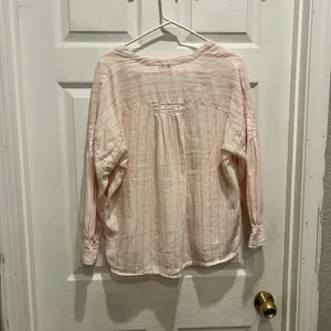 Joie Women Large Pink White Striped 100% Linen‎ Henley Blouse Boho Smocked Top thumbnail 6