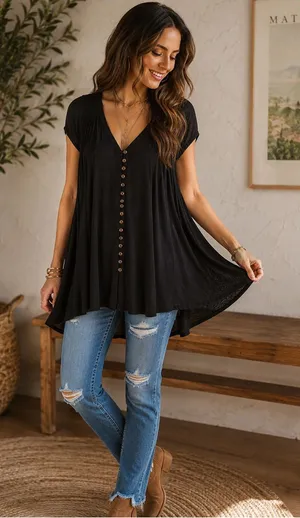 Free People Highland Black Boho Lagenlook Flowy Button Front Oversized Tunic Top thumbnail 1