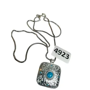 Vintage Silver Tone “Roman” Enameled Floral Etched Pendant W Faux Turquoise Ston thumbnail 7