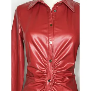 Zara Womens Faux Leather Ruched Mini Shirt Dress Red Long Sleeve XS thumbnail 5