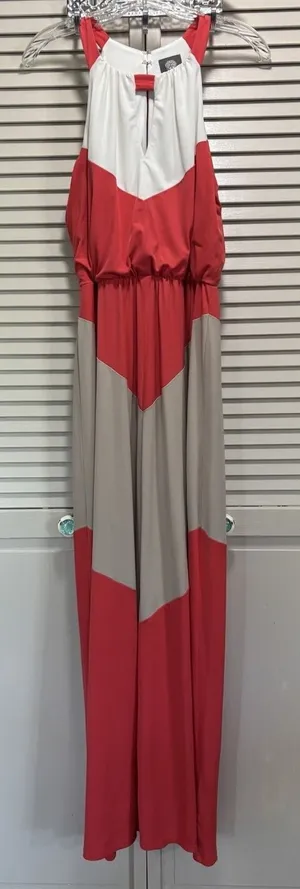 Vince Camuto Coral/Tan Chevron Halter Maxi Dress Size 4‎ Tie Back Elastic Waist thumbnail 1