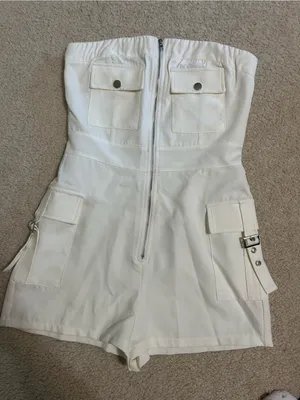 White Strapless Utility Romper with Front Zip thumbnail 2