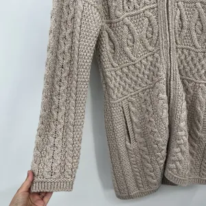 inis crafts merino 100% wool Sweater L Tan Long Full Zip Cable Knit Ireland Boho thumbnail 4