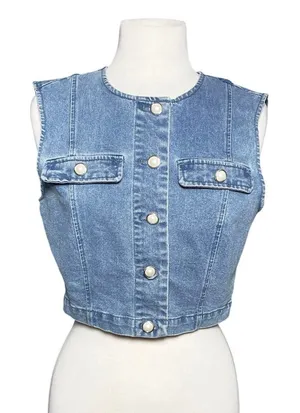 HOUSE OF HARLOW Women’s Cropped Denim Vest Faux Pearl Button Front thumbnail 1