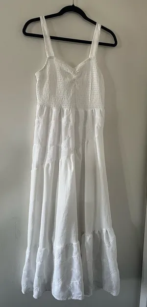 White Eyelet Smocked Tiered Maxi Dress Large Coastal Euro Summer Beach Resort thumbnail 1