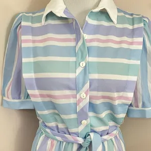 Vintage 70’s Jenny Petite Pastel Pink/ Blue Striped Midi Shirt Dress S thumbnail 3