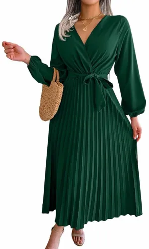 NEW Green Long Sleeve V Neck Loose Fit Pleated Belted Midi Dress XL thumbnail 1
