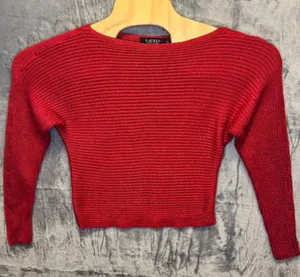 1960 | Lauren Ralph Lauren Metallic‎ Ribbed Knit Boat Neck Sweater Red Petite XS thumbnail 1