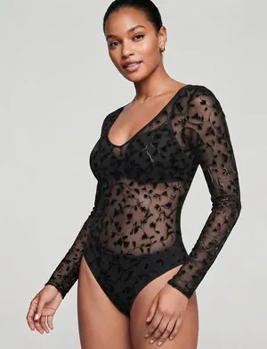 Victoria's Secret NWT Vintage 90s Black Gold Mesh Flocked Floral Bodysuit Large thumbnail 1