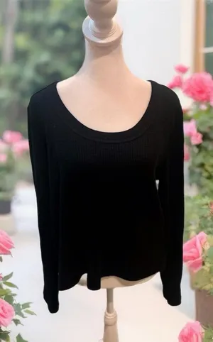 Old Navy Top Womens Size M Black Waffle Knit Thermal Scoop Neck Long thumbnail 1