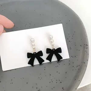 NEW Black coquette bow pearl earrings, velvet bow earrings, pearl dangle bow thumbnail 3