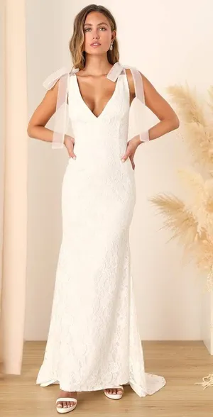 NWT Lulus Eternally Yours White Lace Tie-Strap Mermaid Maxi Dress Bridal Bride S thumbnail 1