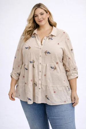 Hope Springs Nautical Button Front Shirt Women Sz XXL Cream Sheer Cruise Anchor‎ thumbnail 1
