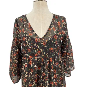 Natural Life Floral Print Midi Dress Kimono‎ Sleeve Brown Red Size Small thumbnail 2