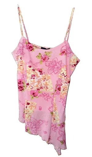 Y2K Wet Seal Pink Floral Tank Top Asymmetrical Lettuce Hem Fairy Mesh Medium thumbnail 1