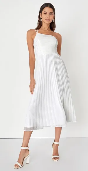 Lulus Wondrous Muse White Pleated One-Shoulder Midi Dress Wedding Bride Size L thumbnail 1