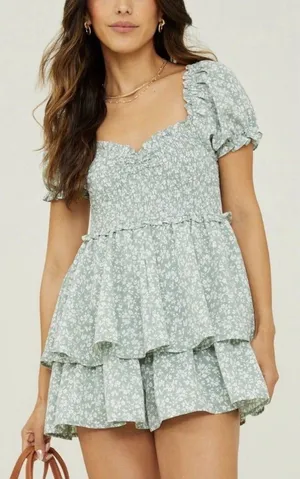 Altard State Kelley Green And White Floral Shorts Romper Size Large thumbnail 1
