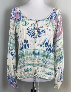 O'Neill Pastel Watercolor Floral Tie Front Boho Scoop Neck Peasant Blouse XL thumbnail 1