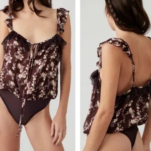 Free People Intimately Bodysuit Womens S Brown Floral Lace Ruffle Thong thumbnail 4
