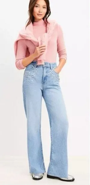 LOFT The Wide Leg Bedazzled Jeans High Rise Statement Denim‎ Size 29 thumbnail 1